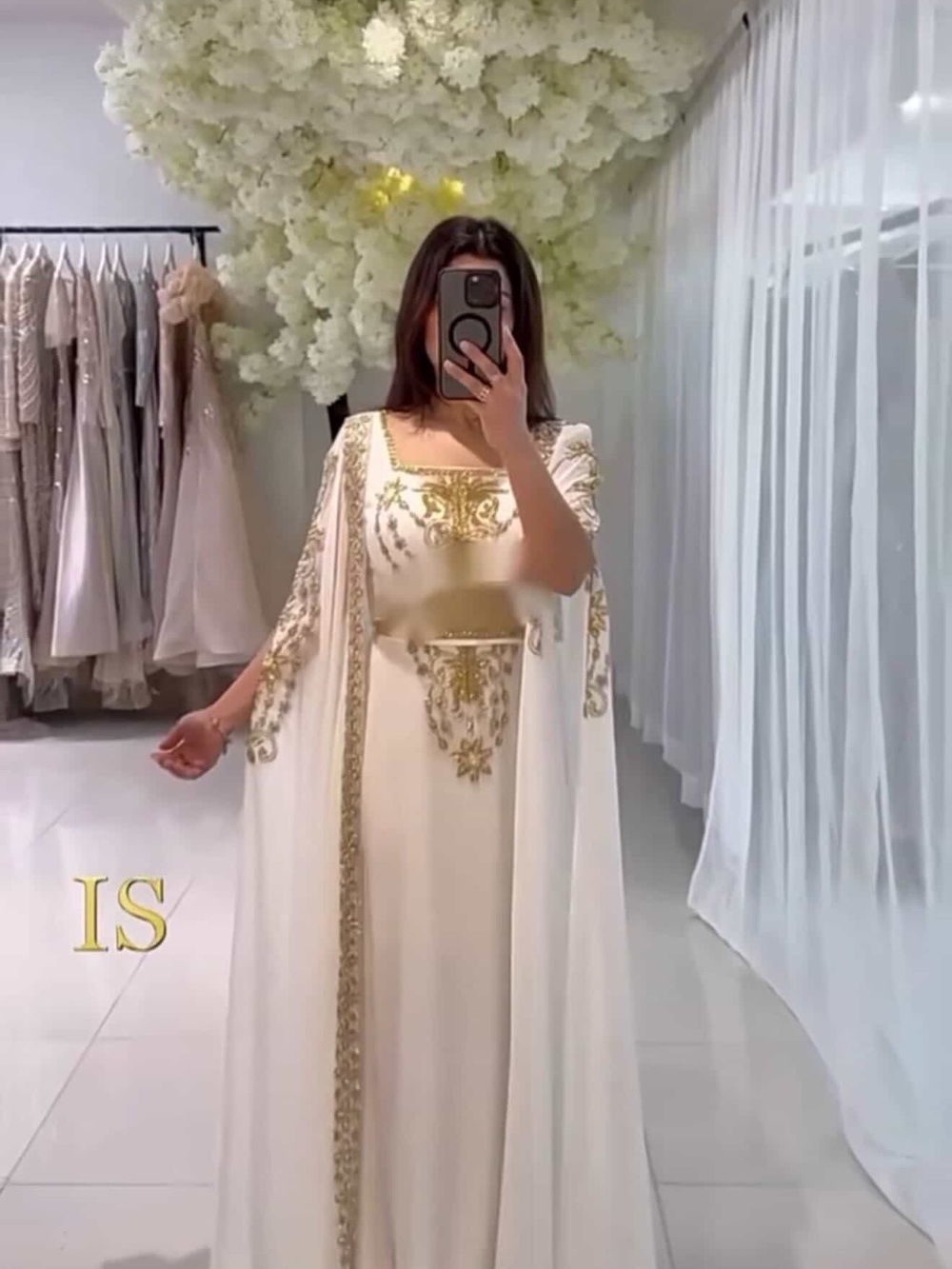 Elegant Kaftan/Abaya; Ivory and Gold Embellished Evening Dress